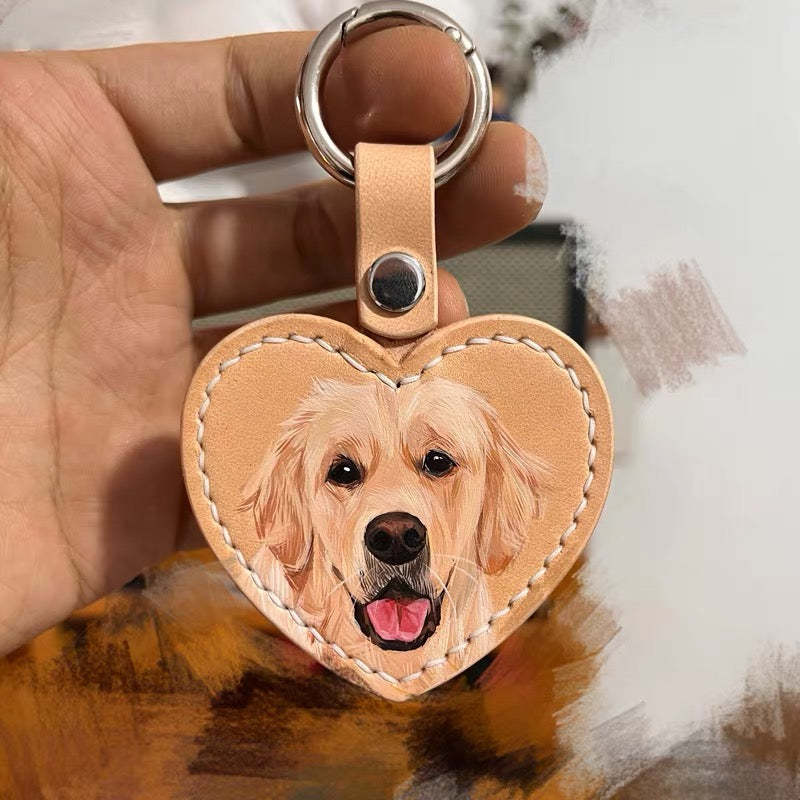 Custom Pet Portrait Leather Keychain | Personalized Cat Dog Hand-Drawn Charm | Fur Baby Photo Gift | Pet Memorial Keyring