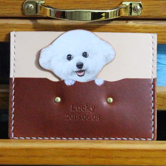 Custom Pet Portrait Leather Wallet | Personalized Cat Dog Hand-Drawn Card Holder | Fur Baby Photo Gift | Pet Lover Accessory