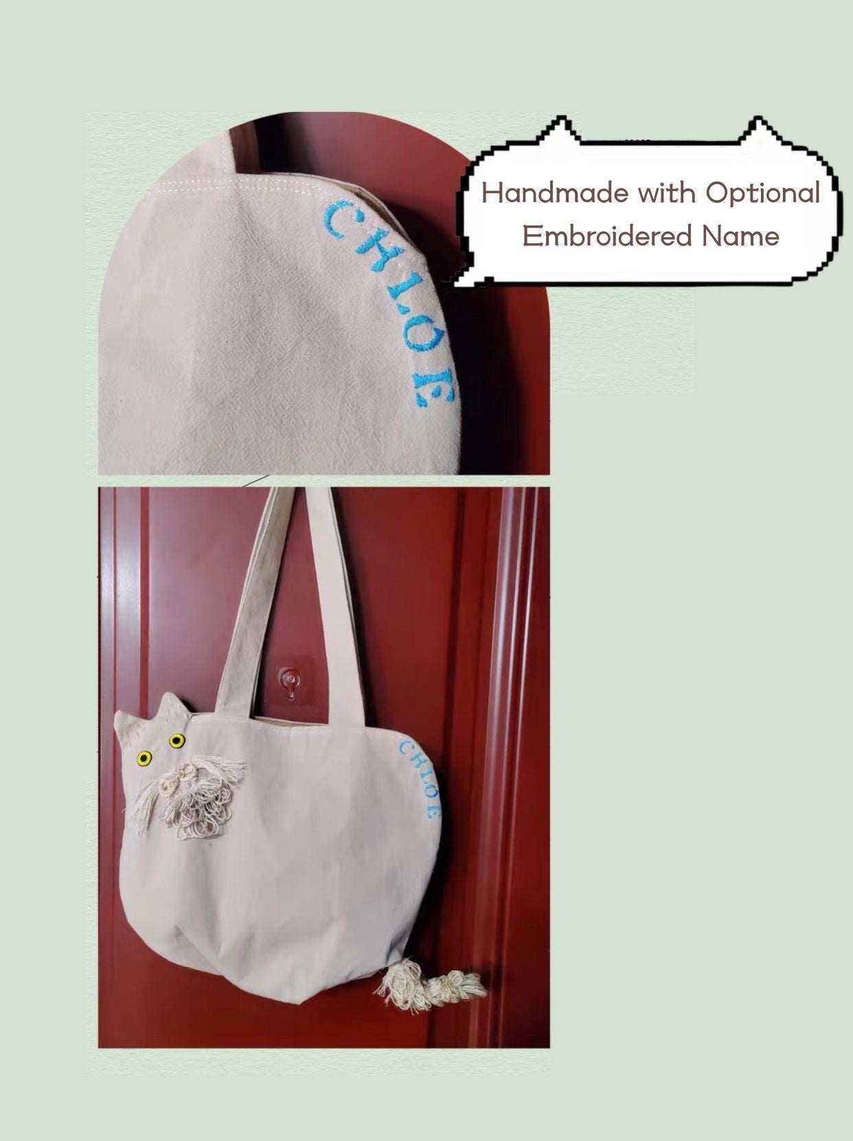 Custom Pet Portrait Tote Bag, Handmade Canvas Bag with Optional Embroidered Name