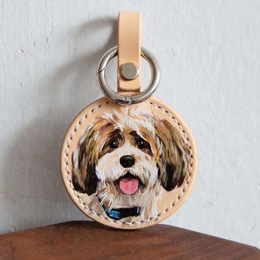 Custom Pet Portrait Leather Keychain | Personalized Cat Dog Hand-Drawn Charm | Fur Baby Photo Gift | Pet Memorial Keyring