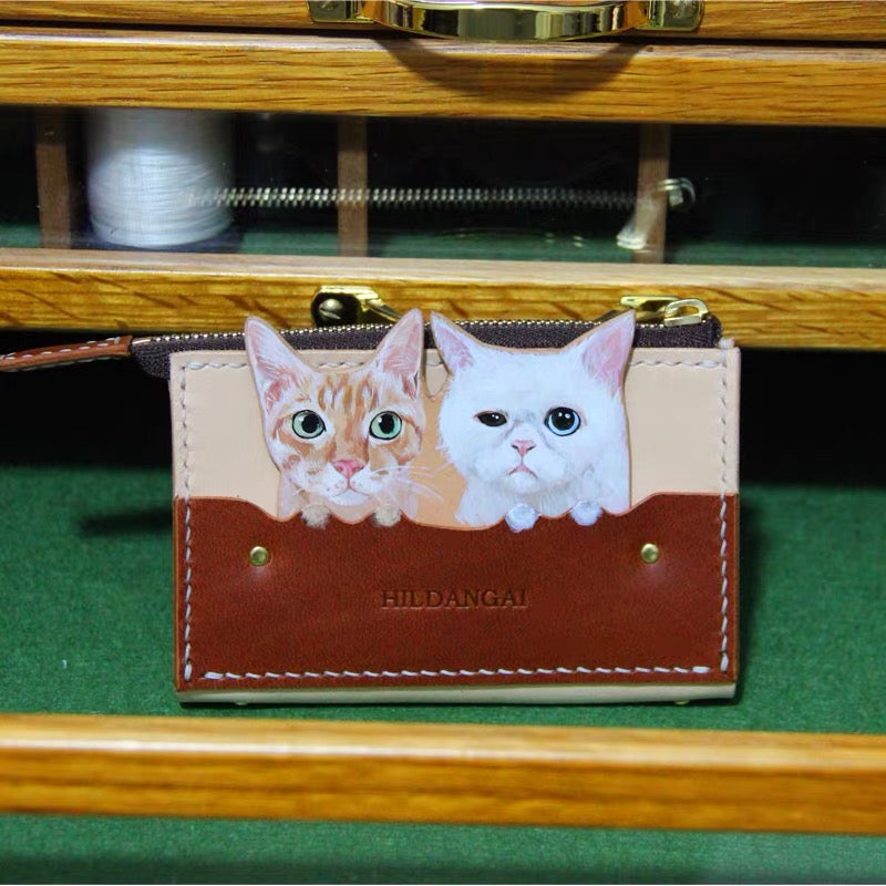 Custom Pet Portrait Leather Wallet | Personalized Cat Dog Hand-Drawn Card Holder | Fur Baby Photo Gift | Pet Lover Accessory