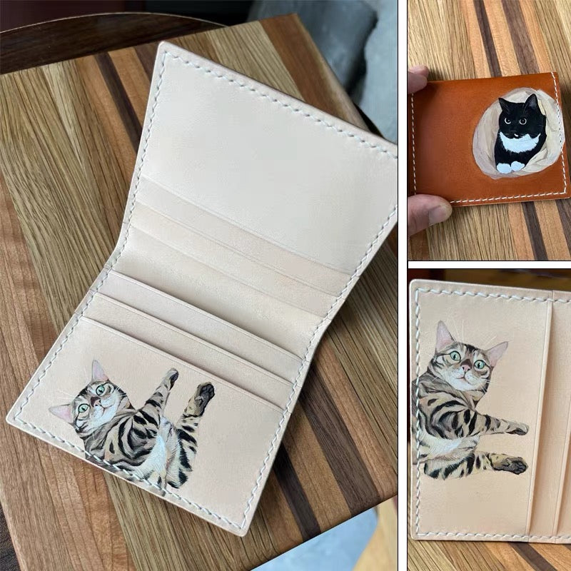 Custom Pet Portrait Leather Wallet | Personalized Cat Dog Hand-Drawn Card Holder | Fur Baby Photo Gift | Pet Lover Accessory